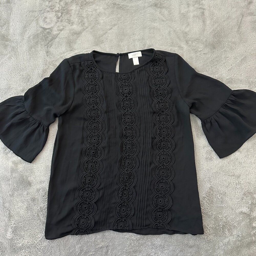 Loft Outlet Black Chiffon Bell Sleeve Lace Blouse Shirt Top SMALL Career